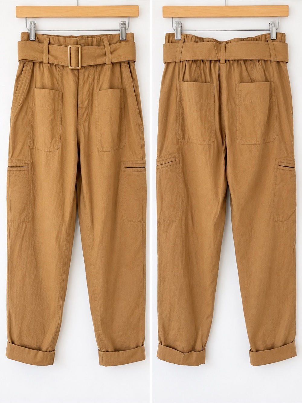 Vince Belted Linen Blend Cargo Pants Pecan Brown Size M